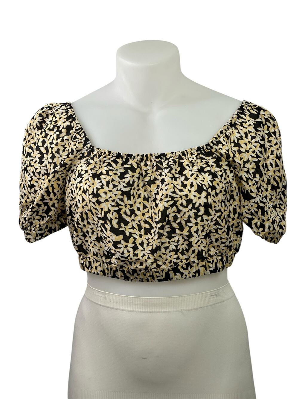 & Other Stories Women's Black Yellow Floral Short Puff Sleeve Blouse Crop Top L